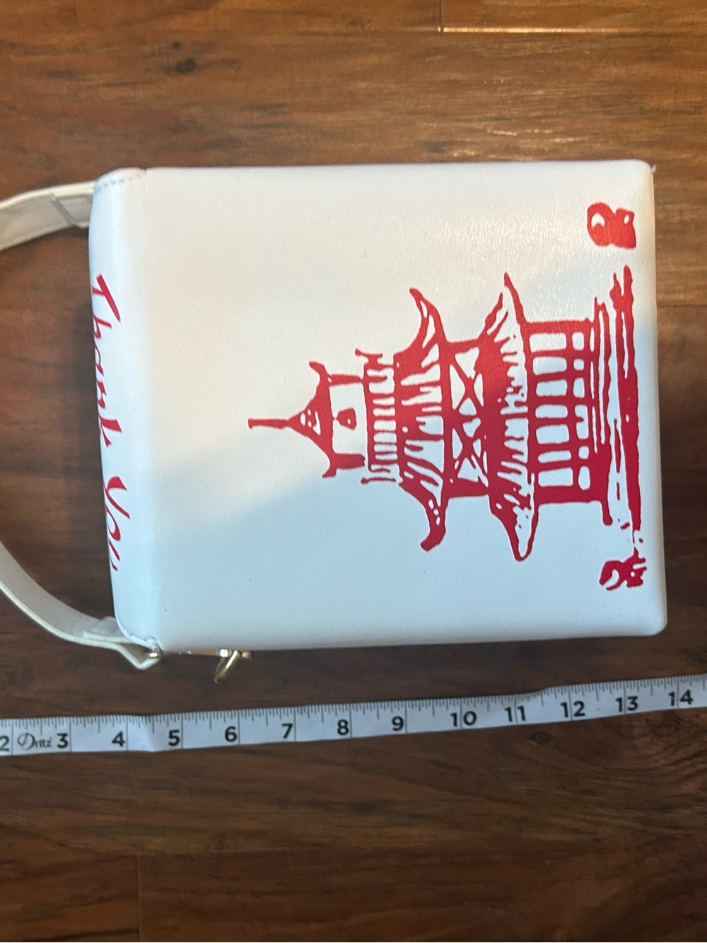 Take Out Box Pursue White Tote Bag with Red Pagoda Design - Picture 5 of 6